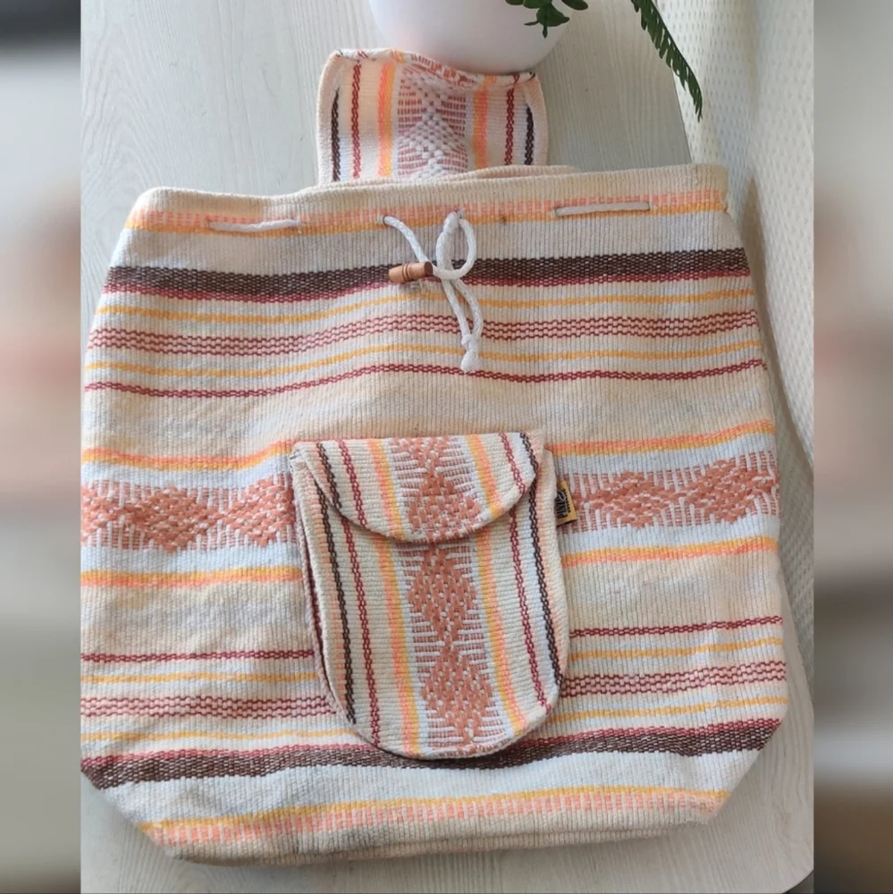 Artesanias Mr Pinzon Orange, Brown and Cream Woven Backpack Bag